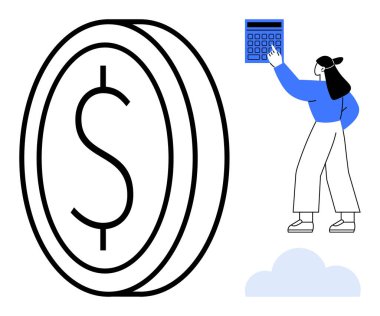 Para işaretli büyük paraların yanında hesap makinesine basan kadın finansal planlamayı temsil ediyor. Finans, bütçe, muhasebe, tasarruf, yatırım, iş stratejisi ekonomik büyüme için idealdir. Düz