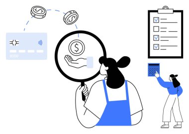 Büyüteç, bozuk para, kredi kartı, kontrol listesi ve hesap makinesiyle para transferlerini analiz eden bir kadın. Finans, muhasebe, bütçe ve iş planlama için ideal para hesapları