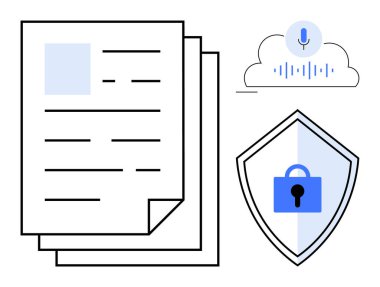 Belgeler, ses kayıt simgesi bulutta, kalkan kilitlendi. Veri koruması, siber güvenlik, bulut depolama, güvenli iletişim, dosya şifreleme, belge yönetimi gizlilik politikaları için ideal