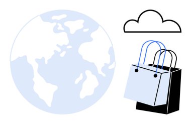Kıtaları olan dünya küresi, siyah ve mavi alışveriş torbaları, ve ana hatlı bulut. E-ticaret, küresel ticaret, bulut hesaplama, çevrimiçi alışveriş, küreselleşme, veri depolama teknolojisi için ideal