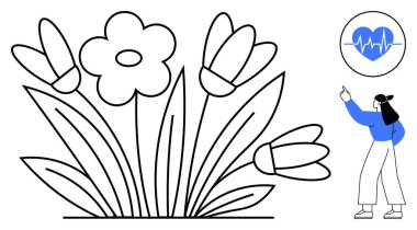 Çiçekler ve yapraklar bir arada yaşam ve büyümeyi yansıtır. Kalp atışı ikonu ve işaret eden kişi sağlık, zindelik ya da zindelik temalarını önerir. Sağlık, büyüme, sağlık ve kendine bakım için ideal