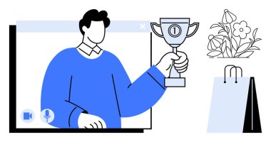 Videodaki kişi ödül, alışveriş torbası, çiçek buketi tutuyor. Başarı için ideal, uzaktan çalışma, motivasyon, kutlama, e-ticaret tanıma başarısı. Düz basit metafor