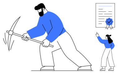 Adam çok çalışmak için kazma kullanıyor, kadın başarı sertifikasını işaret ediyor. Hedefler, iş ahlakı, inatçılık, başarı, beceri geliştirme, üretkenlik, düz basit metafor için ideal