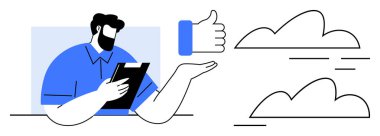 Elinde pano tutan bir adam, modern asgari tarzda yüzen soyut bulutlarla baş parmak işareti yapıyor. Takım çalışması, motivasyon, geri bildirim, iletişim, pozitiflik, hedef belirleme, düz basit