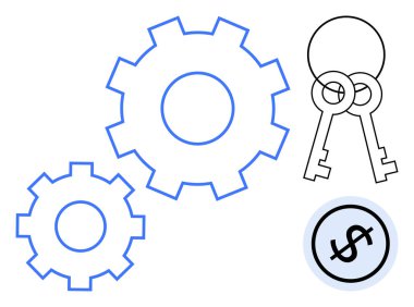Birbirine kenetlenmiş dişliler ve dolar işaretinin yanında iki anahtar işbirliği, strateji ve finansal hedeflere ulaşmayı öneriyor. Yenilik, iş süreci, finans, başarı, strateji, takım çalışması için ideal