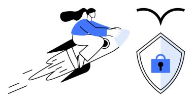 Roketle kalkana doğru ilerleyen bir kadın hız, güvenlik ve koruma öneriyor. Teknoloji, siber güvenlik, yenilik, veri koruması, verimlilik dijital büyüme için ideal