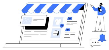 Ürünlerin sergilendiği bir e-ticaret platformu, el arabası simgeleri, dizüstü bilgisayar işadamlarının el kol hareketleri yapan rozetleri. Çevrimiçi alışveriş, satış, pazarlama, perakende satış, strateji, marka dairesi için ideal