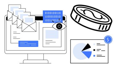 E- posta, ikili kod, finansal para ve dijital iletişimi, veri analizini, çevrimiçi işlemleri, pazarlama stratejisini, ticari sezgileri ve ekonomik anlayışları temsil eden bir tablo.