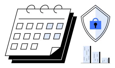 Kalkanın yanındaki spiral takvim kilit, bar çizelgesi, zaman çizelgesi, güvenlik ve veri görselleştirmesini sembolize ediyor. Proje yönetimi, siber güvenlik, iş planlaması, veri koruması için ideal