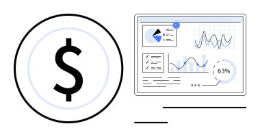 Grafikleri, turta grafiklerini ve ölçümleri gösteren bir dolar işareti. Finans, analitik, iş büyümesi, yatırım, istatistik bütçe planlaması veri görselleştirme için idealdir. Düz basit