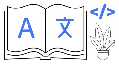 Sayfalarında İngilizce ve Çince karakterler, bir tarafında kodlama sembolleri ve saksı bitkisi olan açık bir kitap. Dil öğrenme, kodlama, eğitim, küreselleşme, teknoloji entegrasyonu için ideal