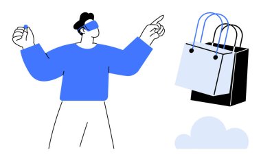 VR kulaklık takmış bir adam yüzen alışveriş torbalarını ve bulutları işaret ediyor. Sanal gerçeklik için ideal, çevrimiçi alışveriş, dijital deneyimler, e-ticaret, gelecekteki teknoloji, etkileşimli arayüzler, tüketici