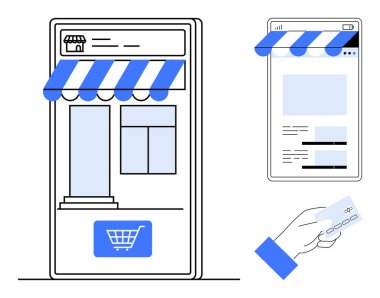 Ödeme kartının yanında bir mağaza vitrini ve alışveriş arabası ikonu ile dijital mağaza arayüzü. E-ticaret, mobil alışveriş, perakende, ödeme sistemleri, müşteri deneyimi, dijital
