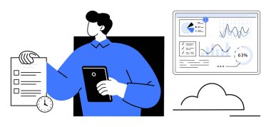 Adam kontrol listesi, saat ve çizelgeli gösterge paneli tutarken dijital analizleri tabletten inceliyor. Üretkenlik, analitik, zaman yönetimi, takım çalışması, iş stratejisi için ideal