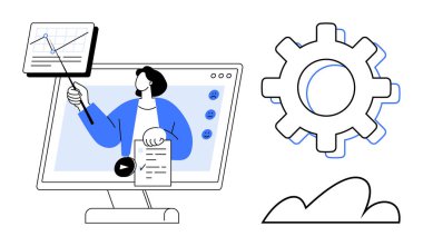Ekranda, vites ve bulut elementinin yanında, işaretleyici ve belgeyle grafik sunan kişi. Veri sunumu, teknoloji, araştırma, bulut hesaplama, süreç optimizasyonu için ideal, çevrimiçi