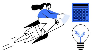 Roketin üzerinde uçan kadın ilerlemeyi simgeler, hesap makinesi hesaplamayı ve analitiği temsil eder, ampul yenilik ve yaratıcılığı taşır. Yenilik, iş, büyüme, hedefler, başarı için ideal