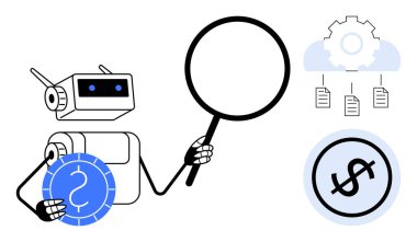 Robot bir büyüteç ve para birimi parçası tutuyor, teçhizatlı ve dosyalı bulut, dolar işareti. Fintech, AI, teknoloji, veri analizi, yenilikçi otomasyon dijital finans için ideal. Düz