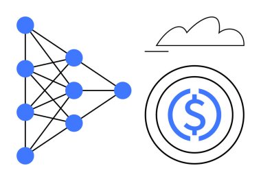 Sinirsel ağ düğümleri çizgiler, yukarıdaki bulut ve madeni para ikonu ile bağlanır. Yapay zeka, makine öğrenimi, bulut teknolojisi, finansal teknoloji, yenilik, bağlantı düzlüğü için ideal basit metafor