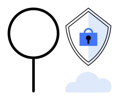 Büyüteç, kilit sembollü kalkan, bulut simgesi. Siber güvenlik, veri koruması, çevrimiçi güvenlik, gizlilik, bilgi güvenliği, internet güvenlik soyut çizgisi düz metaforu için ideal