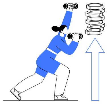 Dambıllarla egzersiz yapan bir kadın, zenginliği simgeleyen bir yığın bozuk para, gelişmeyi gösteren yukarı doğru ok. Fitness, kişisel büyüme, yatırım, zenginlik oluşturma, ilerleme izleme, mali
