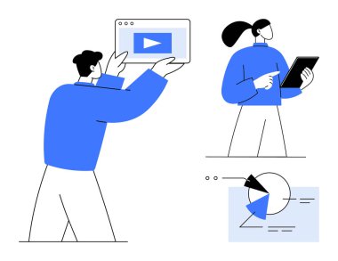 İki karakter işbirliği yapıyor, biri video ekranı tutuyor ve diğeri de veri tabletlerini analiz eden bir tablet kullanıyor. Takım çalışması, iletişim, medya, yaratıcılık, eğitim, dijital büyüme için ideal