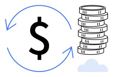 Para yığını ve bulutun yanındaki oklarla çevrelenmiş büyük dolar işareti. Finans, tasarruf, yatırım, ekonomi, bütçe, bankacılık, e-ticaret için ideal. Minimalist düz metafor