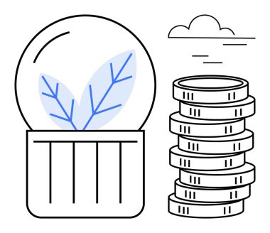 Cam kubbenin içindeki bitki sürdürülebilirliği, istiflenmiş paralar ise finansal büyümeyi sembolize eder. İş, yatırım, sürdürülebilirlik, çevre, eko-finans, ekonomi zenginliği için idealdir. Düz