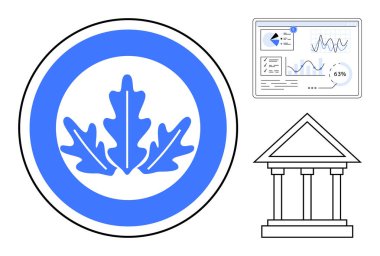 Çemberin içinde meşe yaprağı amblemi, grafikli finansal analiz paneli ve klasik yapı ikonu. Finans, sürdürülebilirlik, yönetim, yatırım, tarih, araştırma dairesi için ideal