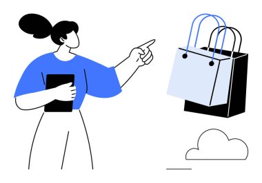 Tablet tutan kadın, yüzen alışveriş çantalarına bakıyor. E-ticaret, çevrimiçi alışveriş, dijital pazarlama, tüketici davranışı, perakende teknolojisi, iş stratejileri yeniliği için ideal. Soyut