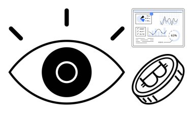 Analitik gösterge paneli ve kripto para birimi yakınındaki odak çizgileri olan göz görme, dijital büyüme, yatırım, teknoloji, eğitim, finans, analiz, düz basit metafor