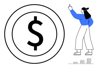 Para kavramlarını temsil eden küçük para yığınlarının yanında dev bir dolar işaretine doğru hareket eden bir insan. Zenginlik, tasarruf, yatırım, ekonomi, hedefler, başarı, planlama için idealdir. Düz basit metafor