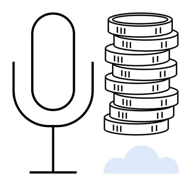 Bozuk para yığını ve bulut elementinin yanındaki mikrofon sembolü ses paralarını, dijital depolamayı, podcasting büyümesini, ses teknolojisini, ses ekonomisini, bulut hesaplamasını, düz basit metaforu sembolize eder.
