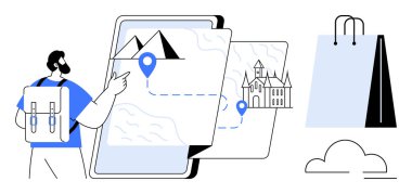 Sırt çantası işaretli ve rotalı tablet haritasına bakıyor, alışveriş torbaları ve yakınlarda bulut var. Seyahat, seyrüsefer, turizm, online alışveriş, keşif, teknoloji planlaması için ideal. Düz basit