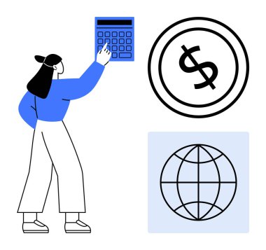 Hesap makinesi kullanan bir kadın, dolar işareti olan bir bozuk para, ve finans, bütçe, küresel ekonomi, e-ticaret, finansal planlama, dijital işlemler ekonomik büyümeyi temsil eden dünya ikonu. Düz basit
