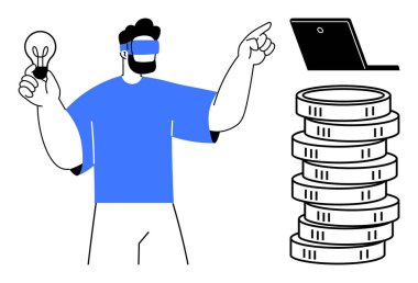 VR kulaklık takan biri elinde ampul, dizüstü bilgisayarı ve sikkeleri işaret ediyor. Yaratıcılık, yenilik, teknoloji, sanal gerçeklik, fintech, dijital iş, düz basit metafor