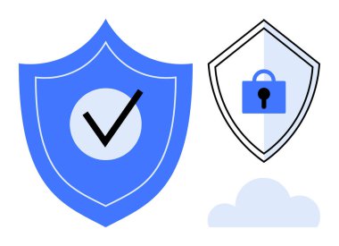 Üzerinde işaret olan mavi bir kalkan, asma kilitli siyah beyaz bir kalkan ve bulut. Siber güvenlik, veri gizliliği, çevrimiçi güvenlik, koruma, güven, dijital güvenlik bulutu güvenlik kavramları için ideal