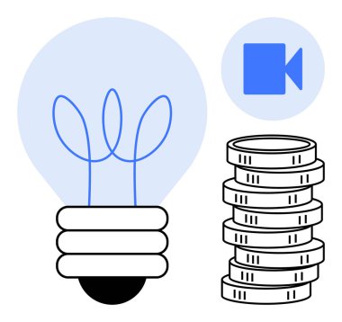 Ampul yaratıcılığı temsil ediyor, madeni para yığınları finansal büyümeyi simgeliyor ve video ikonu dijital medya öneriyor. Girişimcilik, yenilik, finans, medya, eğitim, girişimler için ideal