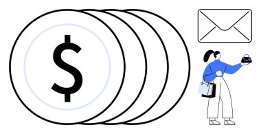 Elinde bir şey tutan kadın, üzerinde dolar işareti olan bir sürü bozuk para, zarf. Finans, e-ticaret, tasarruf, yatırım, online alışveriş bütçesi iletişim temaları için idealdir. Soyut çizgi düz metafor