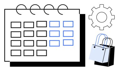 Tarih ve haftalarla takvim, vites sembolü ve alışveriş torbaları. Planlama, programlama, verimlilik, e-ticaret, alışveriş yönetimi iş planlaması için ideal. Soyut satır düzlüğü