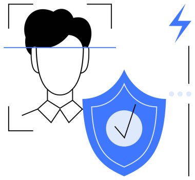 Siluet biyometrik tanıma için tarandı. Kalkan, korumayı sembolize ediyor. Dijital güvenlik, yüz tanıma, veri gizliliği, kimlik doğrulama, erişim için ideal