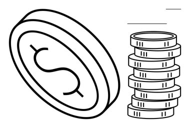 Yığınla madeni paranın yanında duran para zenginliği, tasarrufu ve iş başarısını simgeliyor. Finans, yatırım, ekonomi, bankacılık bütçe planlama geliri için idealdir. Düz basit metafor