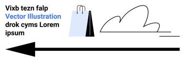 Alışveriş torbası ve ok modern tasarım için soyut bulut sembollerinin yanında. E-ticaret, dağıtım, sürdürülebilirlik, teknoloji, yön, alışveriş yolculuğu, minimalist basit iniş sayfası için ideal