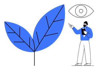 Geniş mavi yapraklar ve bir göz sembolü doğanın farkındalığını ön plana çıkarırken, tablet jestleri olan bir adam, eko-eğitim için ideal, sürdürülebilirlik, gözlem, farkındalık, araştırma, farkındalık