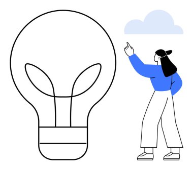 Mavi elbiseli kadın, yaratıcılığı, fikirleri, beyin fırtınasını ya da yeniliği simgeleyen büyük ampulün yakınındaki bulutlara doğru hareket eder. Sorun çözme, ilham, strateji, eğitim ve işbirliği için ideal