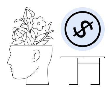 Çiçeklerin açtığı kafa yaratıcılığı temsil ediyor, doların üstünü çizerek finansal bilinci, minimalist masayı işaret ediyor. Farkındalık, zihinsel sağlık, eko-farkındalık, yaratıcılık için ideal