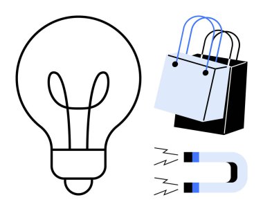 Ampul, alışveriş torbaları ve mıknatıs. Kavramların yaratıcılığı, yenilikçiliği, tüketici cazibesini, pazarlama stratejilerini, perakende müşteri ilişkileri reklamını desteklemesi için idealdir. Soyut çizgi