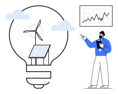 Güneş paneli, rüzgar türbini ve bulutlu ampul yenilenebilir enerji yeniliğini sembolize eder. Grafik sunan adam sürdürülebilirlik analizini gösteriyor. Yeşil enerji, yenilik ve teknoloji için ideal