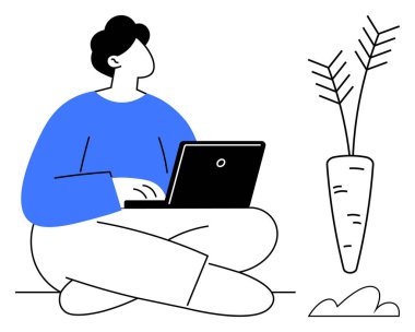 Yanında havuç bitkisiyle dizüstü bilgisayarda yazan kişi büyümeyi, yaratıcılığı ve dengeyi sembolize ediyor. Üretkenlik, uzak çalışma, sürdürülebilirlik, farkındalık, refah eko-odaklı eğitim için ideal