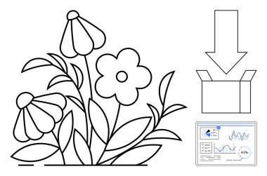 Canlı yeşillik, açık kutu, aşağı ok ve veri gösterge paneli büyümeyi, yaratıcılığı ve analitiği vurgulayan çizgi çizgisi. Çevre, ambalaj, dijital araçlar için ideal büyüme basitliği