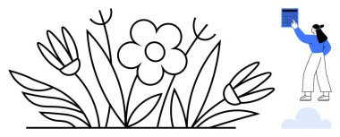 Çiçek açan laleleri ve merkezi çiçekleri olan siyah beyaz bir çiçek bahçesi. Mavili kadın bulutun üstünde takvim tutuyor. Zamanlama, bahçıvanlık, doğa, yaratıcılık, planlama, büyüme için ideal